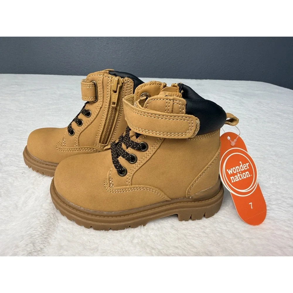 NEW Boys Tan Work Boots Trucker  Strap Side Zip Slip On Brown Kids 7 NWT